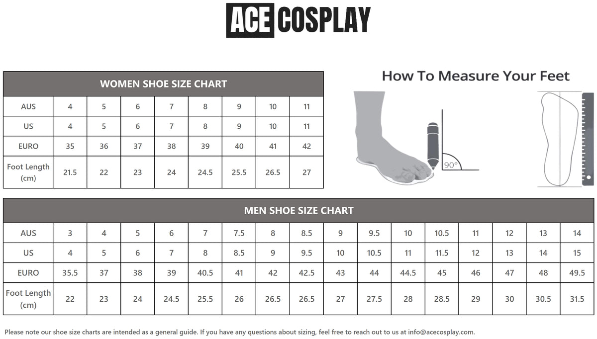 Shoe size chart for women and men with measurement guide, ACE Cosplay branding.